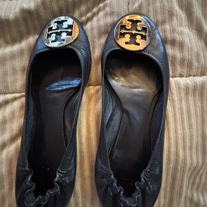 Tory Burch Black Leather Flats with Gold Logo
